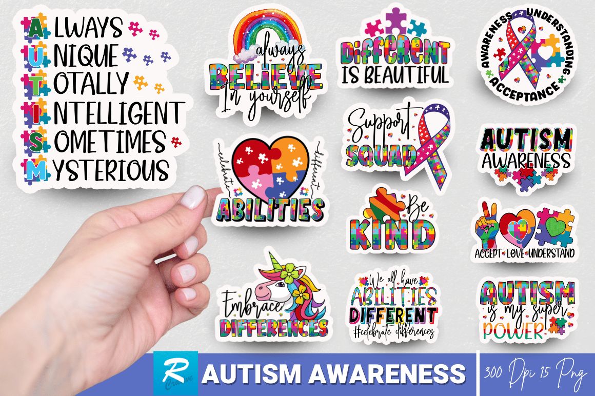Autism Awareness Stickers Png Bundle
