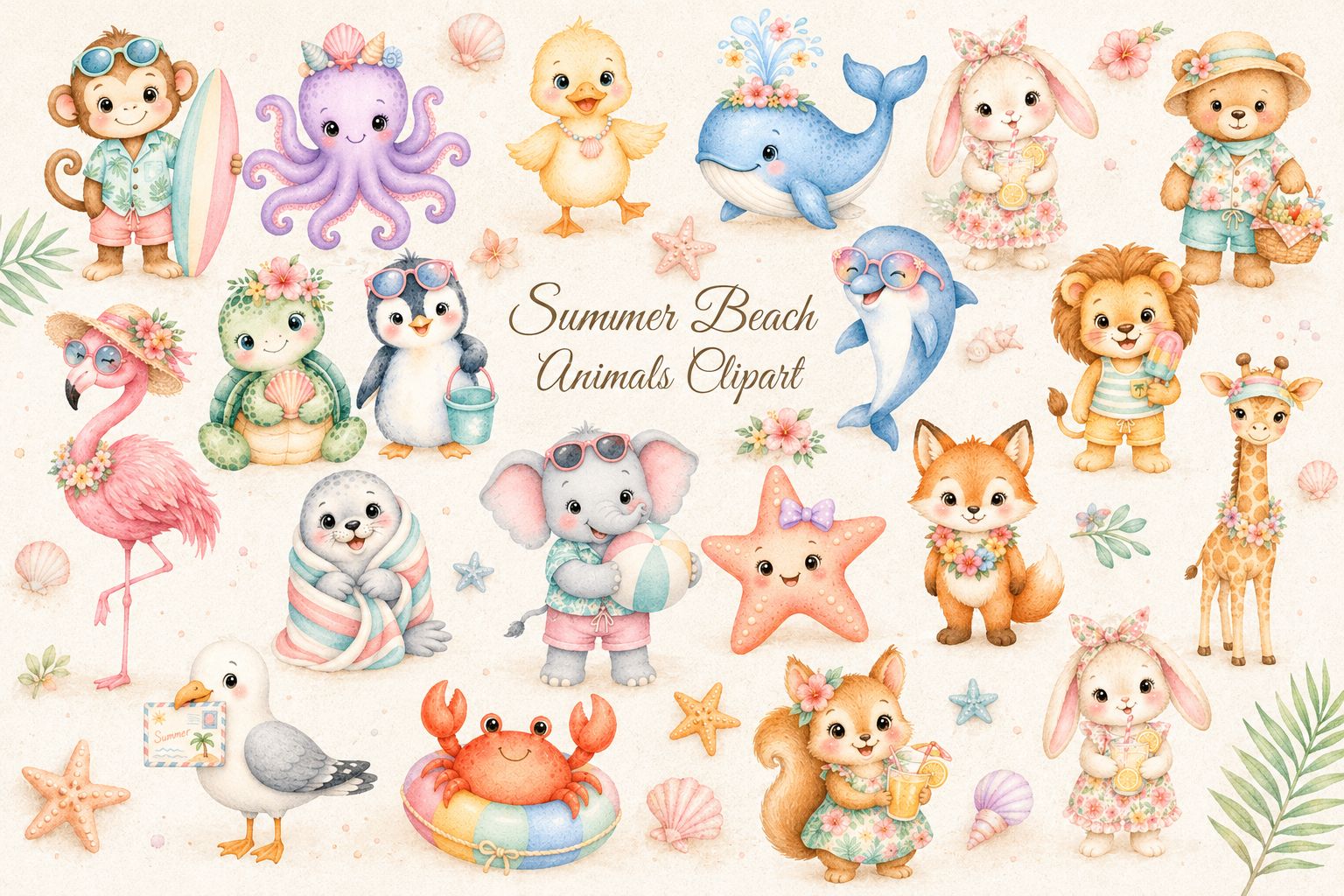 Summer Beach Animals Clipart PNG Bundle