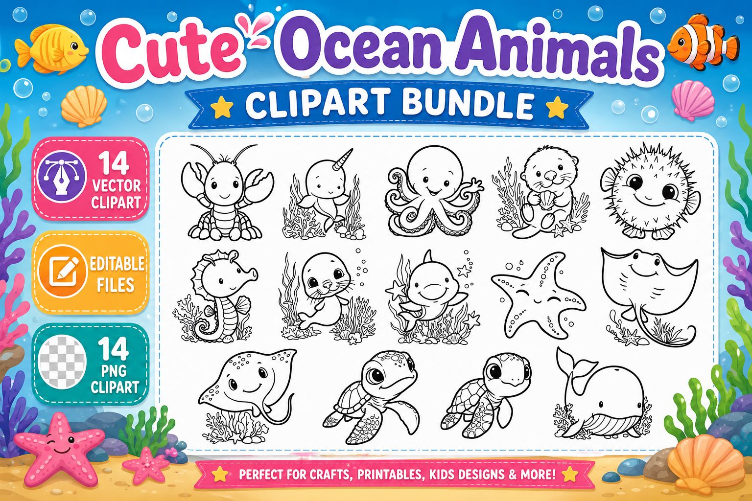 Cute Ocean Animals Stamp Clipart PNG
