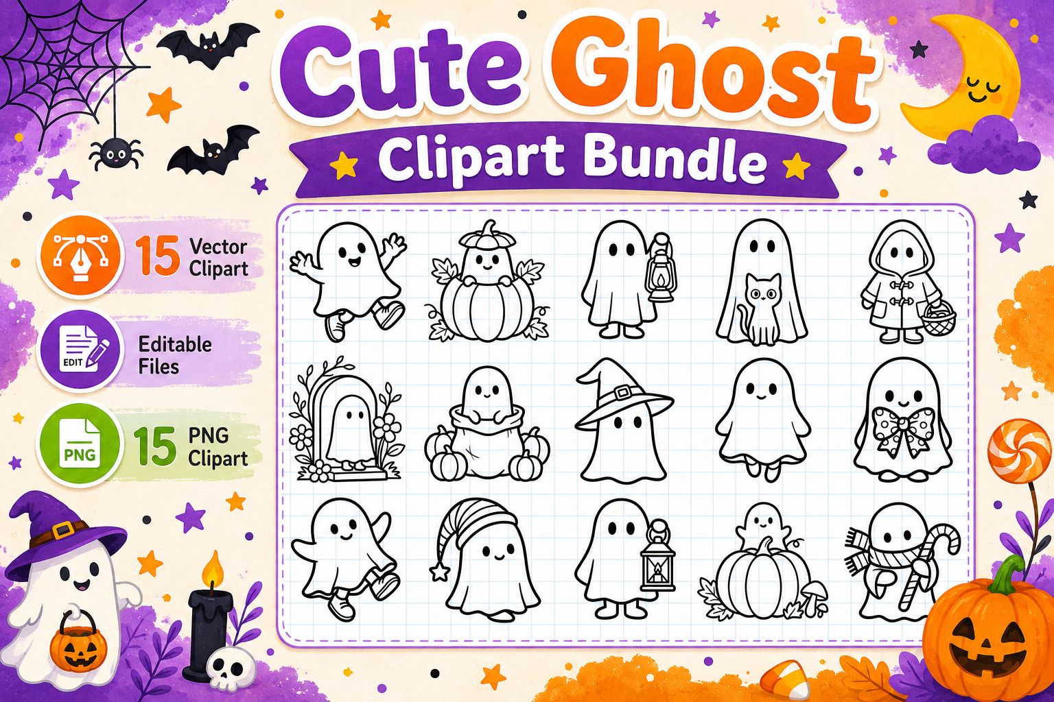 Cute Halloween Ghost Stamp Clipart PNG